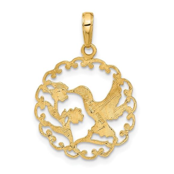 14k Yellow Gold 20mm Framed Hummingbird and Flower Pendant - Picture 3 of 5